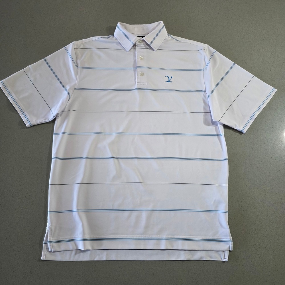 Collard Issues* FootJoy  Golf Polo Shirt White Blue Striped Short Sleeve Medium